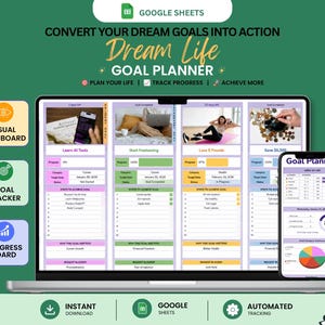 Może przedstawiać: Planer celów Dream Life w Google Sheets wyświetlony na ekranie laptopa i smartfona. Interfejs zawiera wizualny pulpit nawigacyjny, narzędzie do śledzenia celów oraz tablicę postępów do monitorowania celów zawodowych, zdrowotnych i finansowych.