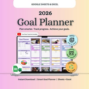 Może przedstawiać: Laptop wyświetla szablon Planera Celów 2026. Ekran pokazuje arkusz kalkulacyjny z sekcjami do śledzenia celów i postępów. Obraz zawiera tekst: "Planuj mądrzej. Śledź postępy. Osiągaj swoje cele."