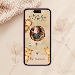 Anúncio de nascimento neutro na selva, modelo digital para bebê no Canva, cartão eletrônico Safari editável para celular, download instantâneo para WhatsApp ou impressão