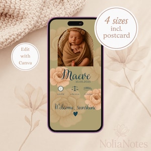 Anuncio digital de nacimiento de niña, plantilla editable de Canva, tarjeta electrónica con diseño floral neutro, descarga instantánea para teléfono e impresión de 13x18 cm.