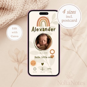Annuncio di nascita arcobaleno, modello Canva modificabile, e-card digitale gender-neutral, mobile boho per neonati e ricordo stampabile