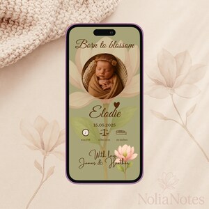 Botanical Baby Girl Birth Announcement, Editable Canva Template, Mobile Digital E-Card with Photo, Instant Download for Phone or Print