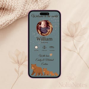 Anúncio digital de irmãozinho • Cartão de nascimento editável Canva • Cartão eletrônico para recém-nascido da família Bear • Modelo de nascimento para celular • Download instantâneo