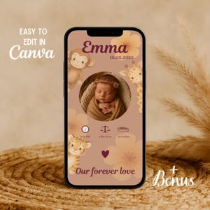 Op de afbeelding: Een smartphone scherm toont een ontwerp voor een geboorteaankondiging. Het ontwerp bevat de naam "Emma", de datum, tijd, gewicht (3,0 kg) en lengte (50,8 cm). Decoratieve elementen zijn een aap, giraf, tijger en bloemmotieven. Tekst luidt "Easy to edit in Canva" en "Our forever love."