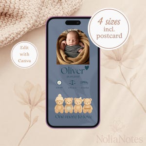 Annuncio di nascita digitale per fratellino, modello Canva modificabile, e-card Safari per dispositivi mobili con orsetti, download immediato per telefono e stampa