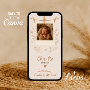 Op de afbeelding: Een smartphonescherm toont een babyfoto met de naam "Charlie" en de datum 15.07.2025. Het ontwerp bevat bloemelementen en de tekst "Easy to edit in Canva" en "With love, Emily & Michael."