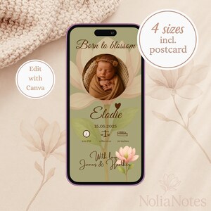 Annuncio di nascita di una bambina botanica, modello Canva modificabile, e-card digitale per dispositivi mobili con foto, download immediato per telefono o stampa
