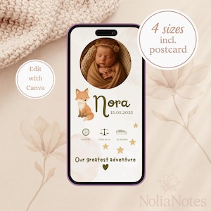 Faire-part de naissance numérique avec renard, modèle Canva modifiable, carte virtuelle neutre avec étoiles, téléchargement instantané pour téléphone et impression