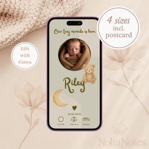 Annuncio di nascita digitale, modello Canva gender-neutral con Luna e Orso, e-card per cellulare, download immediato per telefono e stampa