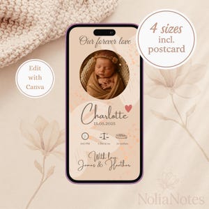 Biglietto digitale per annuncio di nascita di una bambina, modello Canva modificabile, biglietto elettronico di nascita rosa con cuore, download immediato