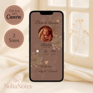 Tarjeta de nacimiento de niña estilo bohemio – Anuncio digital floral – Plantilla editable de Canva para móvil (2 tamaños)