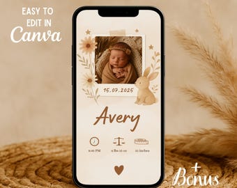 Polaroid Baby Announcement with Photo – Editable Digital Birth Card for Phone – Bunny, Wildflowers & Heart – Canva Template
