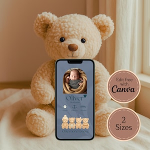 Annonce de naissance d'un petit garçon avec un ours en peluche | Carte de naissance mobile bleue | Modèle Canva modifiable | Carte de naissance numérique | 2 tailles incluses