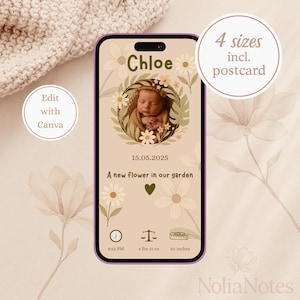 Digital Floral Baby Birth Announcement, Editable Canva Template, Mobile E-Card for Girl, Neutral Wildflower Design, Instant Download
