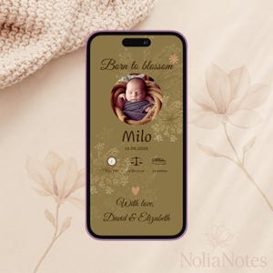 Annuncio digitale di nascita di un neonato • Modello modificabile Canva Blossom • Biglietto di auguri botanico per neonato per telefono • Biglietto di nascita per cellulare • Download immediato
