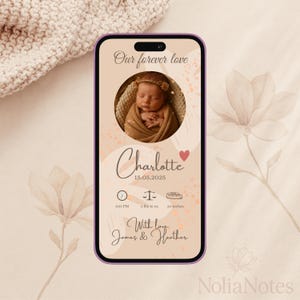 Digital Baby Girl Announcement Card, Editable Canva Template, Mobile Pink Birth E-Card with Heart, Instant Download