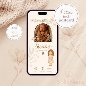 Annuncio di nascita digitale per la sorella, modello Canva modificabile, e-card Boho per dispositivi mobili con fiori, download immediato per telefono e stampa