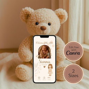 Faire-part de naissance pour petite sœur | Carte pour bébé fille (format mobile) | Modèle Canva modifiable | Carte numérique pour nouveau-né | Motif floral bohème