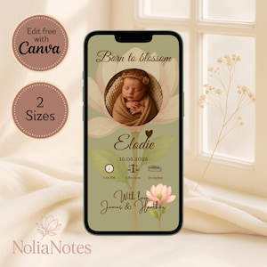 Annuncio di nascita digitale di una bambina | Modello Canva floreale per dispositivi mobili | E-card modificabile in 2 formati | Download immediato