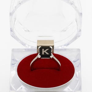 Custom Alphabet Black Diamond Ring – Personalised Initial Ring | Adjustable Sterling Silver with 18K Gold Finish | Unique Gift for Her