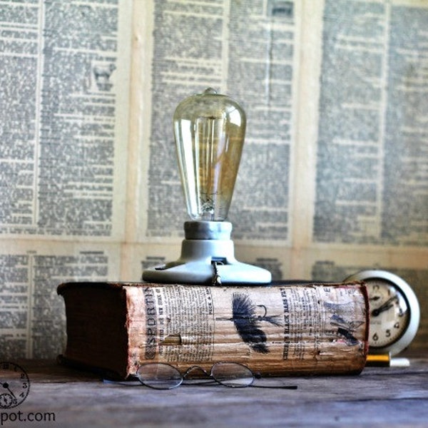 Antique Book Lamp Light - Industrial Upcycled Lamp - 1900's Book