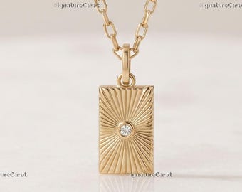 Gold Sunburst Rectangle Fluted Pendant Sun Ray Medallion Geometric Art Deco Celestial Charm Dainty Minimalist Textured Tag Starburst Jewelry