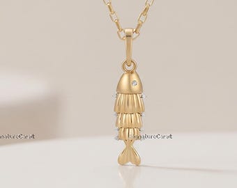 Gold Movable Fish Necklace Diamond Articulated Pendant Sea Life Talisman Jewelry Hinged Bail Lucky Marine Fish Birthday Gifts For Her Charm