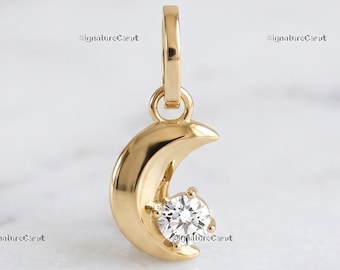 Gold Crescent Moon Charm Single Diamond Calescent Pendant Minimalist Celestial Jewelry Real Gold Hinged Bail Charm Birthday Gift for Her