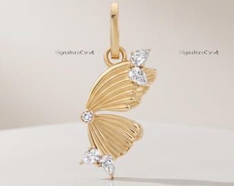 Gold Butterfly Wing Charm Pear & Round Cut Lab Diamond Fluted Talisman Pendant Hinged Bail Necklace Charm Minimalist Meaningful Jewelry Gift