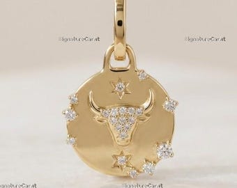 Taurus Zodiac Medallion Charm Horoscope Birthday Gift For Her Diamond Accented Astrology Celestial Bull Jewelry Taurus Hinged Bail Pendant