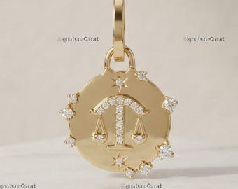 Libra Scales Zodiac Pendant Constellation Celestial Coin Diamond Astrological Medallion Hinged Ball Star Sign Necklace Birthday Gift For Her