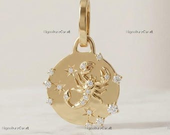 Scorpio Zodiac Pendant Real Gold Coin Charm Constellation Medallion Astrological Jewelry Hinged Bail Charm Scorpio Vintage Horoscope Pendant