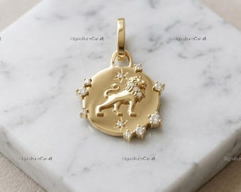 Leo Zodiac Charm Engraved Lion Symbol Pendant Horoscope Astrology Jewelry Statement Hinged Charm Diamond Star Zodiac Necklace Gift For Her