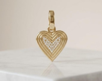 Diamond Pave Heart Charm Clip On Heart Necklace Fluted Heart Ribbed Texture Gold Pendant Fine  Versatile Pendant  Fine Jewelry Gift For Her