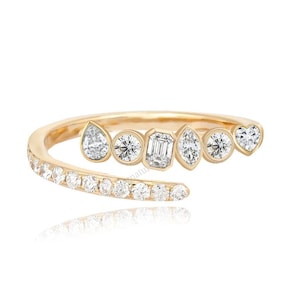 Multi Shape Diamond Swirl Ring Bezel Set Lab Created Diamond Bypass Open Wrap Ring Unique Geometric Cluster Ring 14k Gold Statement Ring