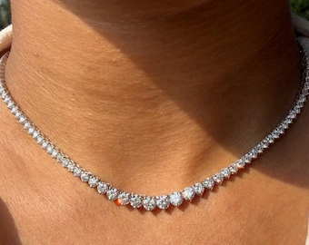 Colar de tênis com diamantes graduados, cravação de 3 garras, estilo Rivera Bridal, colar de casamento com diamante redondo criado em laboratório e ouro maciço.