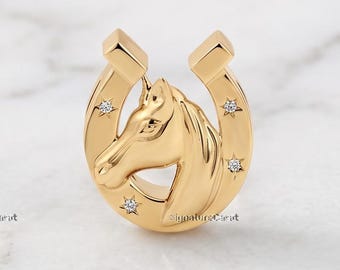 Gold Horseshoe Head Big Bead Charm Western Equestrian Rider Gift Lucky Shoe Bead For Her Real Gold Pony For Hours Lover Rider Jewelry Gift