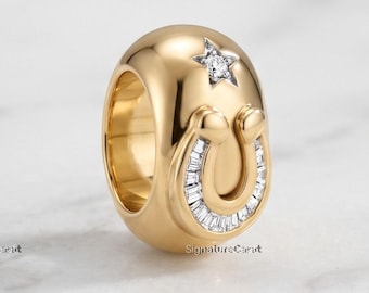 Gold Horseshoe Diamond Bead Lucky Charm Baguette Diamond Talisman Rondelle Pendant Lucky Equestrian Jewelry Large Hole Necklace Bead For Her