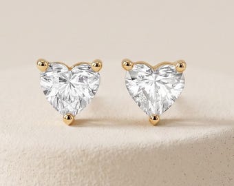 Pendientes de botón con diamante sintético talla corazón, oro auténtico, solitario, minimalista, joyería delicada para el día a día, regalo de San Valentín para ella.