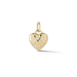 14kt Heart Diamond Pendant Puffy Heart Diamond Charm Gold Handmade Star Setting 18kt Elegant Layering Pendant Big Bubble Heart Charm Locket