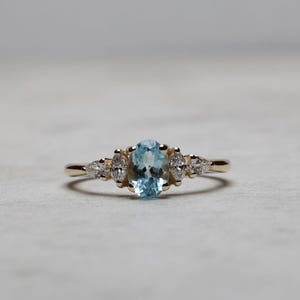 Aquamarine & Moissanite Diamond Ring: 14k Gold Vintage Engagement Ring