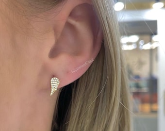 14k Real Solid Gold Round Cut Diamond Angle Wing Earrings 18k Lab Grown Feather Earrings Minimalist Solitaire Everyday Hollow Wing Earrings