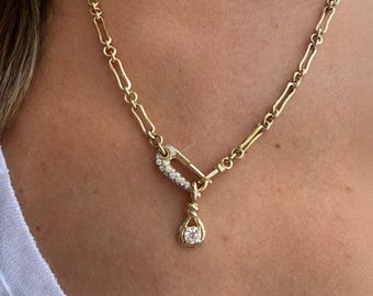 Oval Charm Holder Necklace 14k Solid Gold Pave Diamond Lock Pendant Chain 18k Charm Enhancer Diamond Charm Keeper Front Clasp Gold Chain