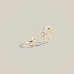 Op de afbeelding: Een paar goudkleurige oorringen en een bijpassende ring. Elk sieraad heeft een sterrenpatroon met een kleine, heldere edelsteen in het midden. De sieraden staan tegen een neutrale achtergrond.