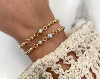 14k Gold Chain Link Bracelet Bezel Set Round Station Diamond Everyday Wear Bracelet Classic Stacking Gold Bracelet Diamond By Yard Bracelet