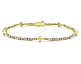 Solitaire Gold Cross Tennis Bracelet Real Solid Gold Lab Grown Diamond Bracelet For Her Minimalist Dainty Christian Religious Cross Bracelet