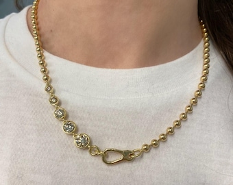 14k Solid Gold Charm Holder Necklace Graduated Gemstone Ball Beaded Chain Unique Open Charm Keeper Layering Gold Chains For Charm Pendant
