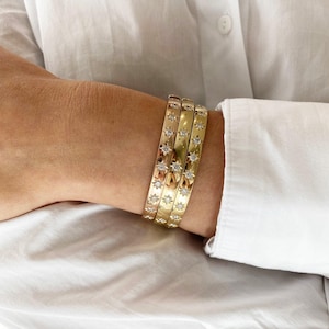 Lab Grown Diamond Star Bangle: 14k Solid Gold Cuff Bracelet Classic Layering 6mm Modern