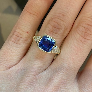 Blue Sapphire Engagement Ring: 14K Gold Cushion Cut, Three Stone Design