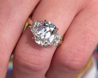 Old Mine Cut 3 Diamond Engagement Ring 14k 18k Solid Real Gold Three Stone Wedding Ring Cushion Cut Lab Grown Diamond Trilogy Proposal Ring